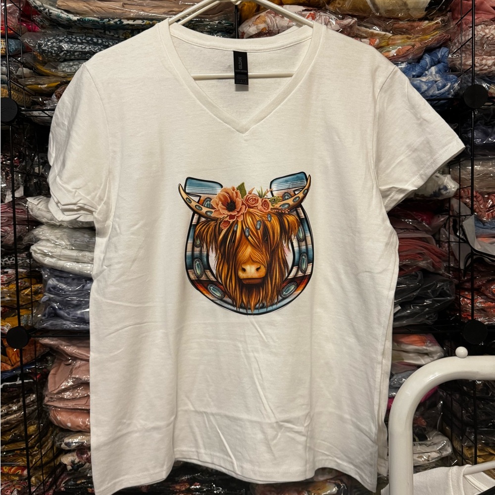 White V-Neck T-Shirt with Highland Cow Graphic